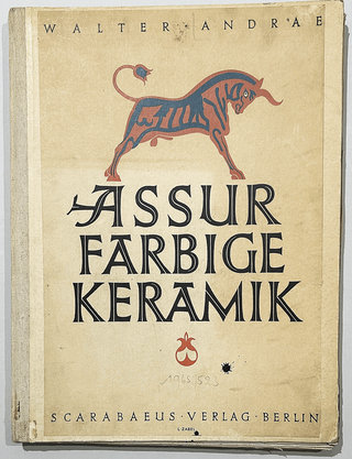 Cover of Walter Andrae, Farbige Keramik aus Assur (1923): an orange bull with blue markings above the title