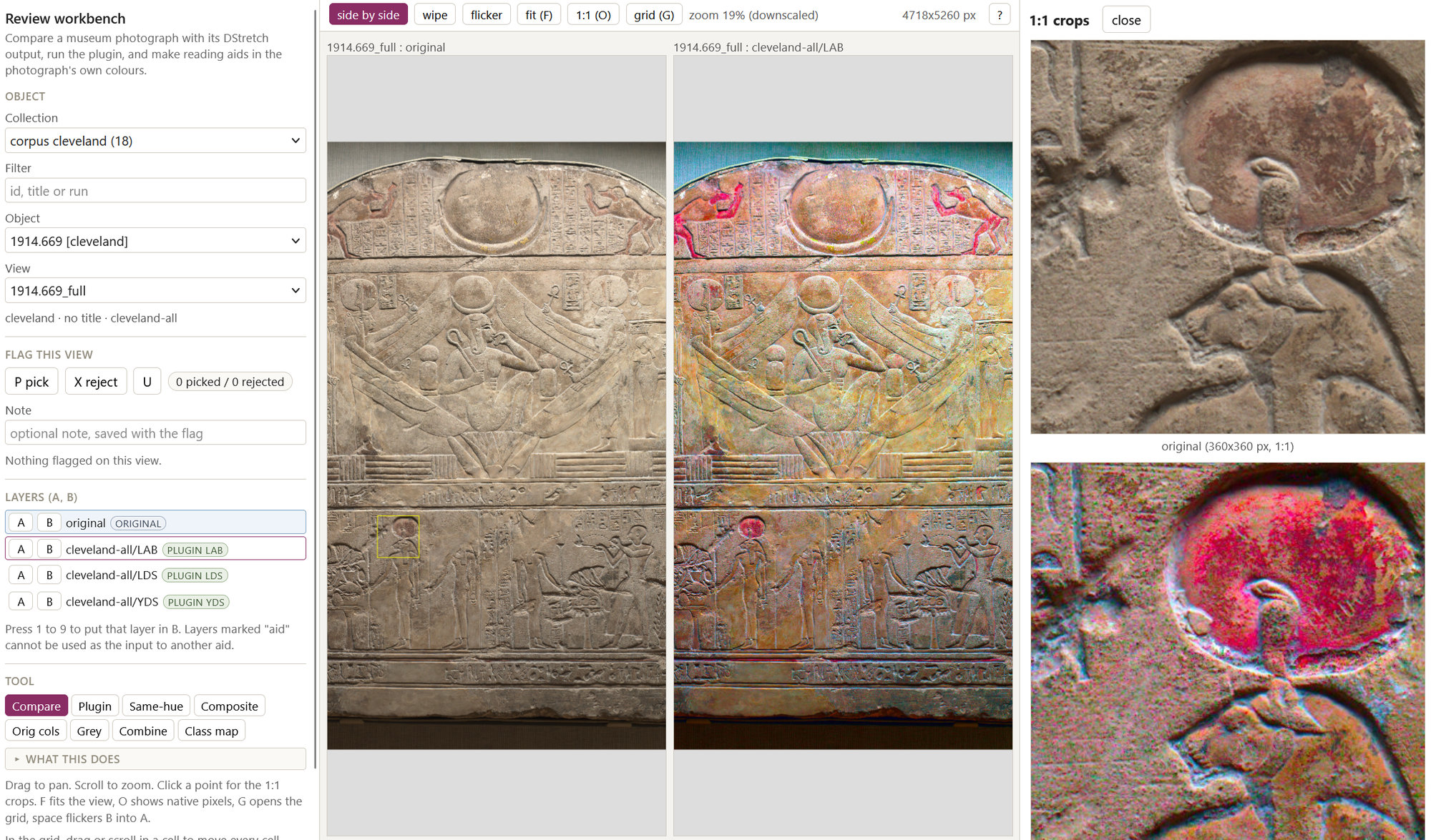 The review dashboard: a carved limestone stele shown as the original photograph beside its DStretch LAB version, with 1:1 crops of one detail and controls for choosing colour modes and flagging